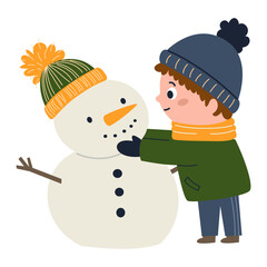 A cute boy is building a snowman. A flat vector illustration in a simple children's style. Vector illustration