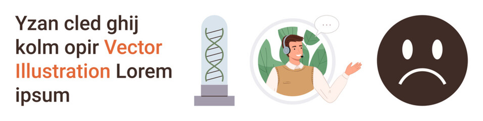 Fototapeta premium Science, communication, emotions, technology, biology, sadness. DNA helix in a container, person speaking with gestures sad face icon. Science and communication illustrated through symbols