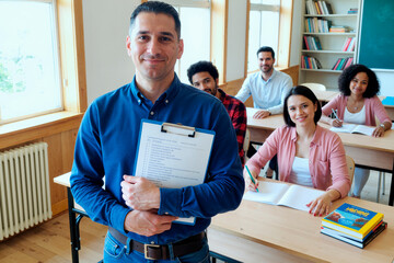 Caucasian middle aged man holding clipboard standing in classroom, diverse group of young adult men and women sitting at desks writing and looking toward camera