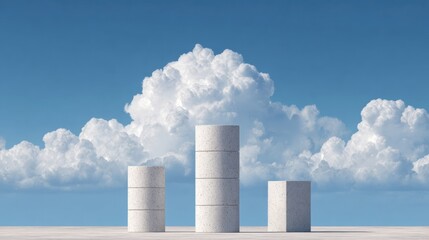 Stone structures stand beneath a bright sky with clouds, representing the concept of cloud computing and progress in the digital world.