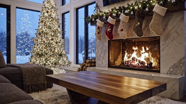 Cozy living room with a lit Christmas tree, roaring fireplace, stockings, snowy window view tonight