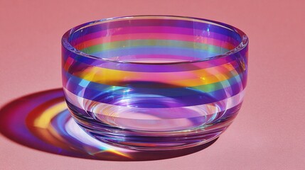 A clear glass bowl reflects a rainbow of colors, casting a vibrant shadow on a light pink surface, creating a dynamic and visually appealing contrast. The bowl is round and full of water.