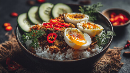 Nasi lemak bowl, coconut rice, glossy rice texture close-up