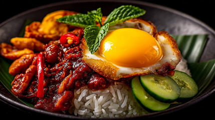 Nasi lemak bowl, coconut rice, glossy rice texture close-up
