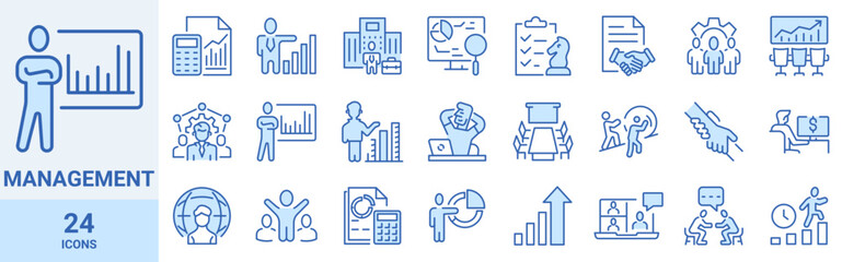 Business Management web line icon set. Contains such Icons as Inspector, Personal Quality, Employee Management and more. Editable Stroke