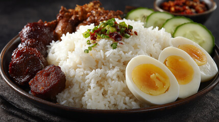 Nasi lemak bowl, coconut rice, glossy rice texture close-up