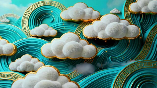 Luxurious, three-dimensional rendering of stylized white, fluffy clouds accented with shimmering gold trim floating above vibrant, swirling turquoise waves evoking traditional oriental art.