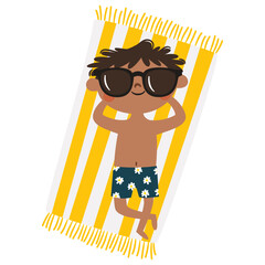 A cute boy wearing sunglasses is lying on a towel and sunbathing. Flat vector illustration in a simple children's style. . Vector illustration