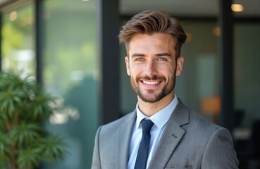 Fototapeta premium Smiling man in suit stands outside building. He has neat hair and beard wearing blue tie and eyeglasses. Modern pro look. He works in corporate sector.