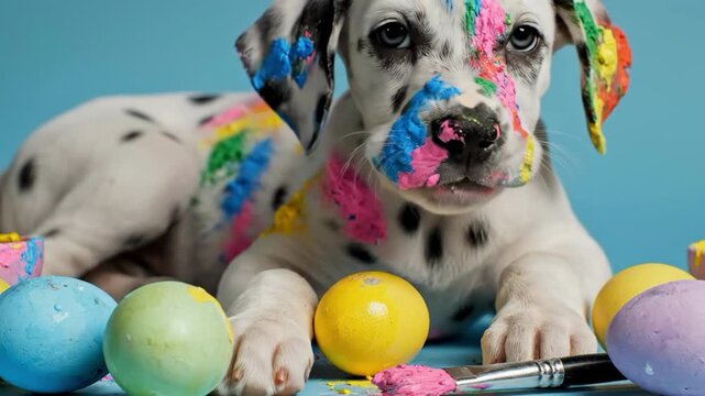 Close up of a cute dalmatian puppy covered in colorful paint next to painted easter egg and paintbrush on blue background