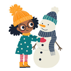 A cute girl is building a snowman. A flat vector illustration in a simple children's style. . Vector illustration