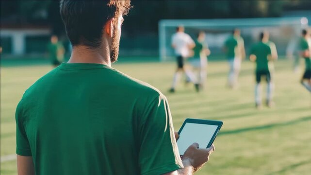 A soccer coach using a digital tablet on the sideline of the field. He is analyzing player statistics and communicating with team members during the game.