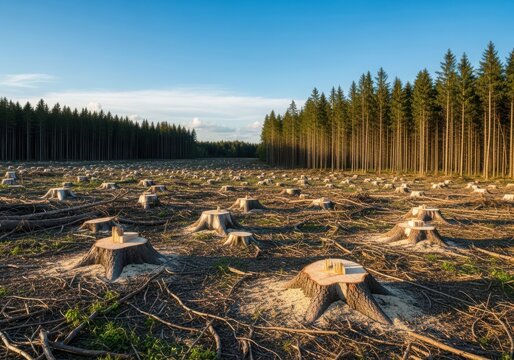 Forest edge with a clearcut area full of tree stumps and logs