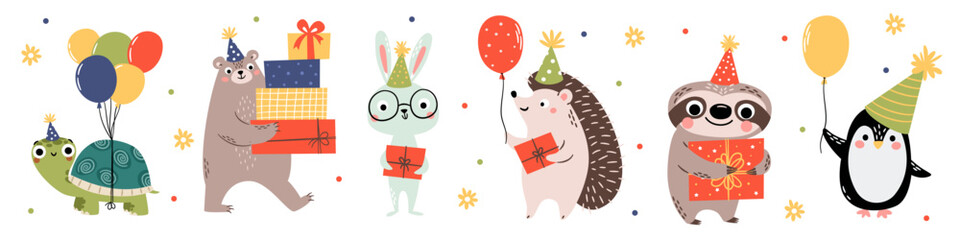 A set of cute vector illustrations in a simple children's style. Animals celebrating a birthday: a bear, a turtle, a hedgehog, a rabbit, a penguin, and a sloth. Balloons, gifts. Vector illustration