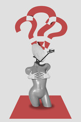 Collage with a mannequin with satellite dish instead of a head and question marks on background