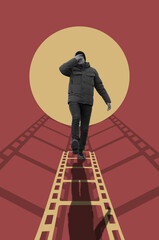 Collage with a walking man covering his face with his hand