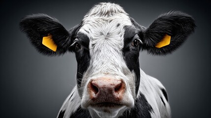 A close-up captures the cow's distinctive black and white coat, emphasizing its gentle eyes and facial structure against a muted background. The image invites a connection to rural life.