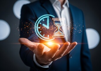 Businessman holding glowing digital time management icon, conceptualizing corporate efficiency, future technology, deadline control, and strategic planning for marketing and advertising campaigns