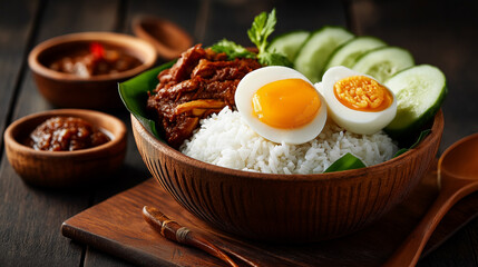 Nasi lemak bowl, coconut rice, glossy rice texture close-up
