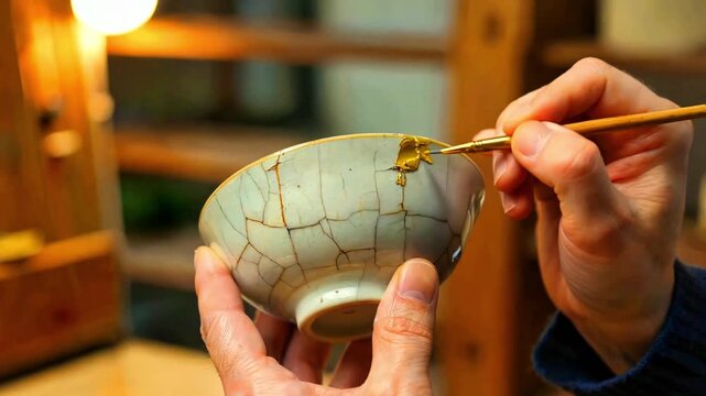 Close-up on skilled artisan carefully applying delicate gold lacquer to mend a beautifully cracked ceramic bowl using traditional repair techniques and fine artistry.