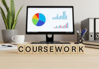Wooden blocks spelling COURSEWORK closeup on a modern office desk, symbolizing academic tasks, professional e-learning, online education, and career development training