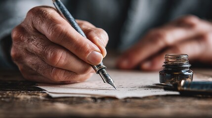 Vintage writing scene: Close-up of an aged hand holding a fountain pen over aged paper. A small ink pot sits nearby, evoking a sense of classic correspondence.