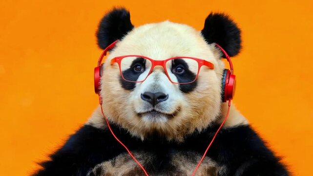 Adorable giant panda wearing bright red glasses and matching headphones demonstrates a humorous, creative concept for media consumption and fun animal portraits.