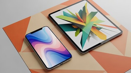 Modern Smartphone and Tablet Displaying Abstract Digital Art on Geometric Background.