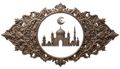 Elegant mosque scene in ornate gold frame with crescent moon