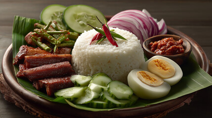 Nasi lemak plate, coconut rice, traditional side arrangement suggestion