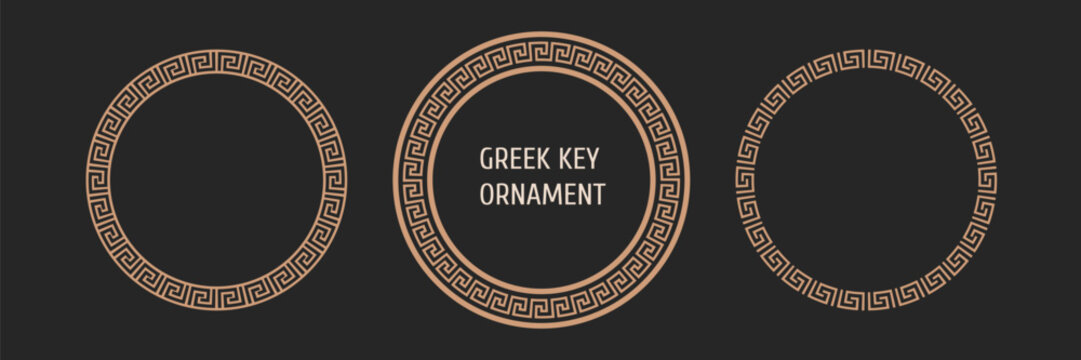Set of golden greek key circle ornament. Ethnic seamless pattern. Vintage round frames. Vector.
