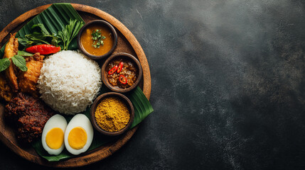 Nasi lemak plate, coconut rice, traditional side arrangement suggestion