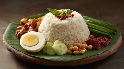 Nasi lemak plate, coconut rice, traditional side arrangement suggestion