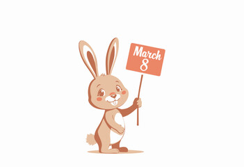 Adorable cartoon bunny celebrating a special day by holding a small sign with date March 8, showcasing charm and cuteness for an affectionate occasion