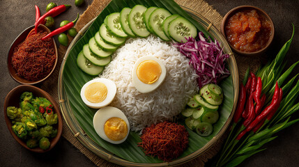 Nasi lemak plate, coconut rice, traditional side arrangement suggestion