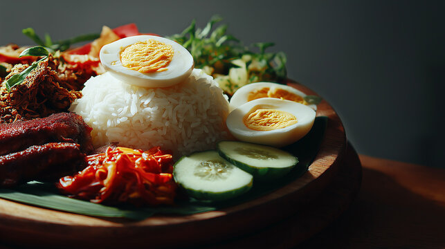 Nasi lemak plate, coconut rice, traditional side arrangement suggestion