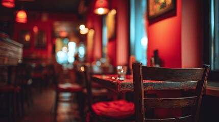 Inviting ambiance in a cozy bistro. Soft lighting casts a warm glow on dark wooden furniture. Experience intimate dining. The perfect venue for a relaxed outing.