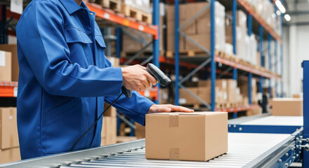 Warehouse worker scanning package with barcode scanner on conveyor belt in distribution center, ensuring efficient inventory management process