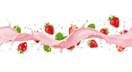 Fresh strawberries splashing in pink milk, creating a vibrant and dynamic scene, perfect for food and beverage advertising concepts. Isolated on transparent background