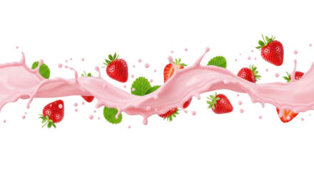 Fresh strawberries splashing in pink milk, creating a vibrant and dynamic scene, perfect for food and beverage advertising concepts. Isolated on transparent background