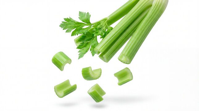 Fresh green celery stalks and chopped pieces artfully arranged and falling against a clean white background, studio shot.