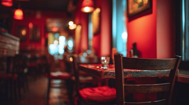 Inviting ambiance in a cozy bistro. Soft lighting casts a warm glow on dark wooden furniture. Experience intimate dining. The perfect venue for a relaxed outing.