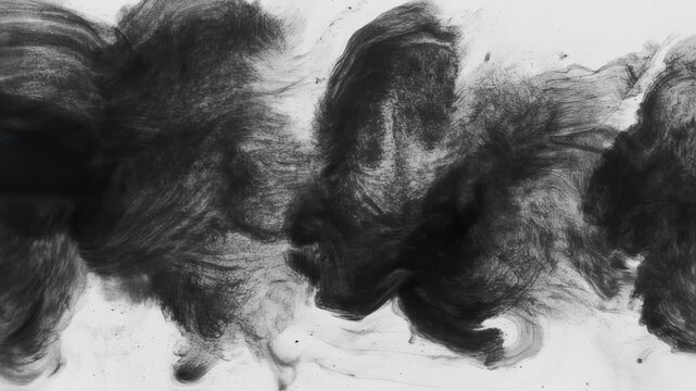 Abstract monochromatic image of textured ink swirls against a stark white background