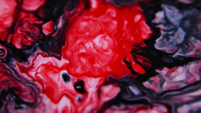 A vibrant abstract composition of swirling red, black, and white liquids, creating a dynamic visual texture