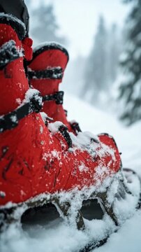 Red boots covered in snow, walking on a mountain trail.