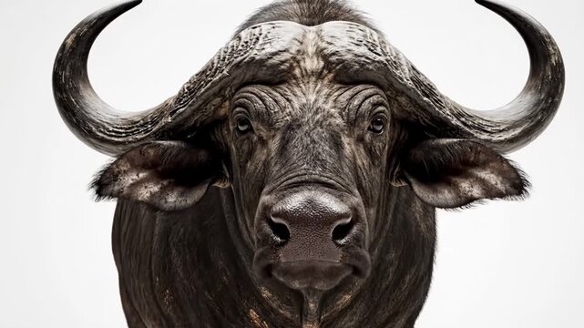 Closeup portrait of a powerful african buffalo with massive curved horns looking directly at the camera, isolated on white background