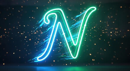 Glowing neon letter W with vibrant blue and green light trails on dark background