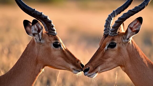 Two male impala with impressive curved horns touching noses in a warm, golden light during a safari at sunset or sunrise