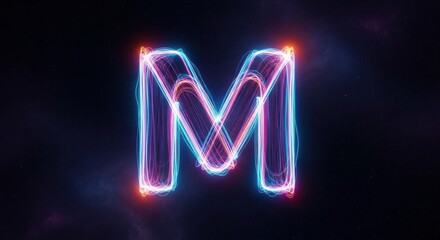 Vibrant neon letter M glowing brightly in dark space