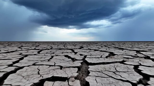 Barren cracked earth under a stormy sky, suggesting drought conditions and the harshness of nature